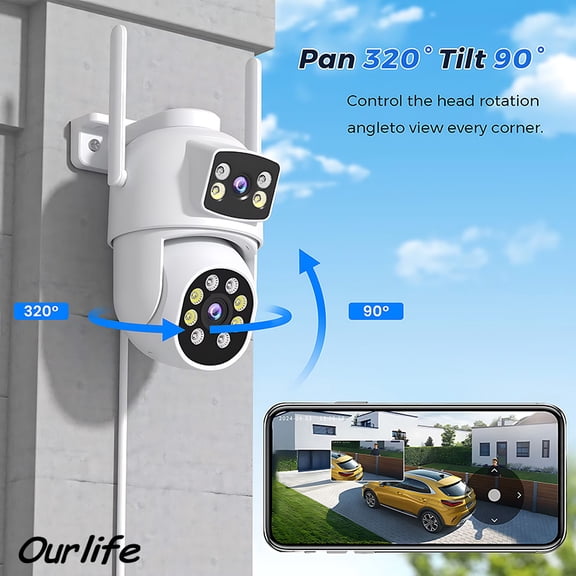 4K Dual-Lens Outdoor Security Camera, 4MP PTZ WiFi Camera with 2.4G/5G Dual-Band, IR & White Light Night Vision, Motion Detection, Waterproof – White.