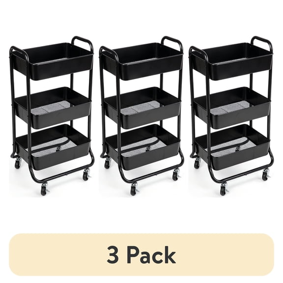 (3 pack) Mainstays 3 Tier Metal Laundry Cart, Rich Black, Easy Rolling