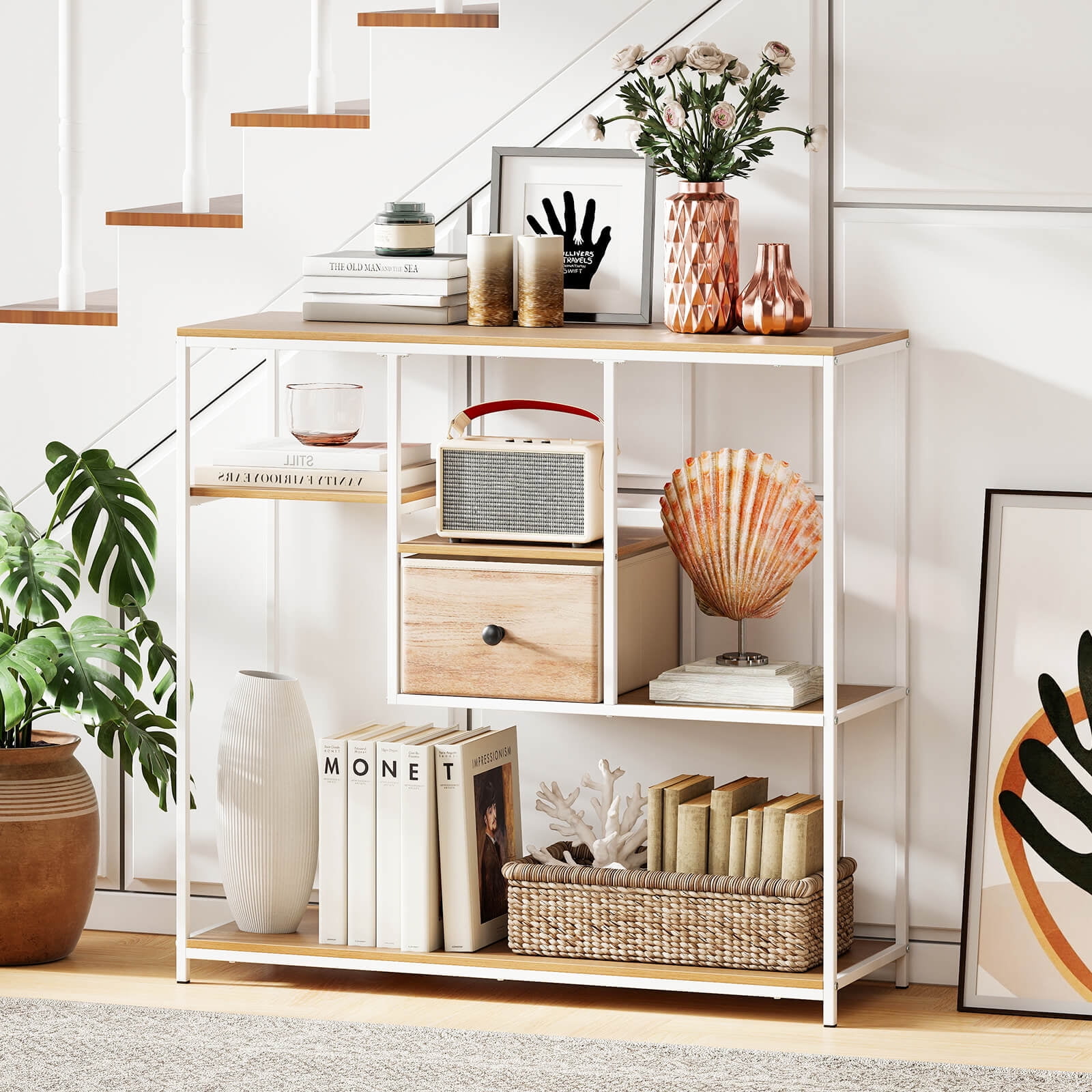 Costway 40” Console Table with Storage Drawer 4-Tier Display Shelf for Living Room Hallway Natural and White