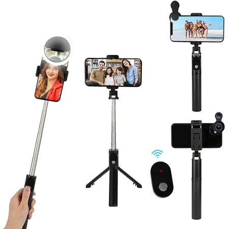 3 in 1 Extendable Selfie Stick with Selfie Clip-On LED Ring Light 0.4X Wide Angle Photo Lens for Selfie/Travel/Vlogging, Phone Accessories for (Black 5K HD) Black 5K HD | Walmart