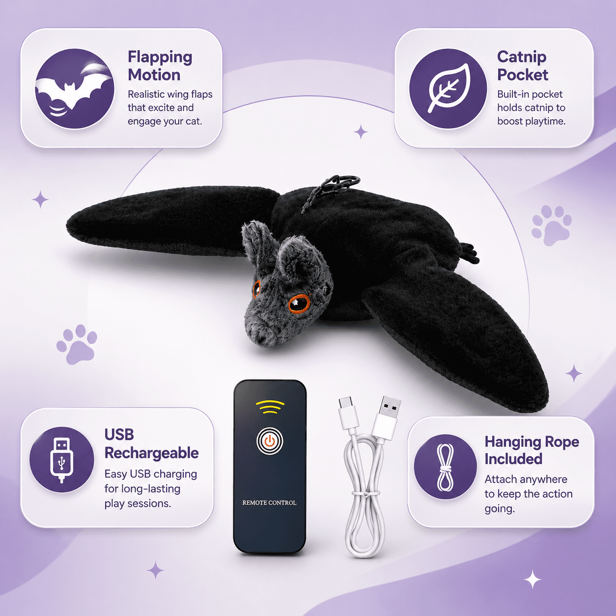 Pawbat Flying Bat Toy, Interactive Flying Bat Pet Toy, USB Rechargeable Automatic Flapping Plush for Pet, Catnip Pocket with Hanging Rope