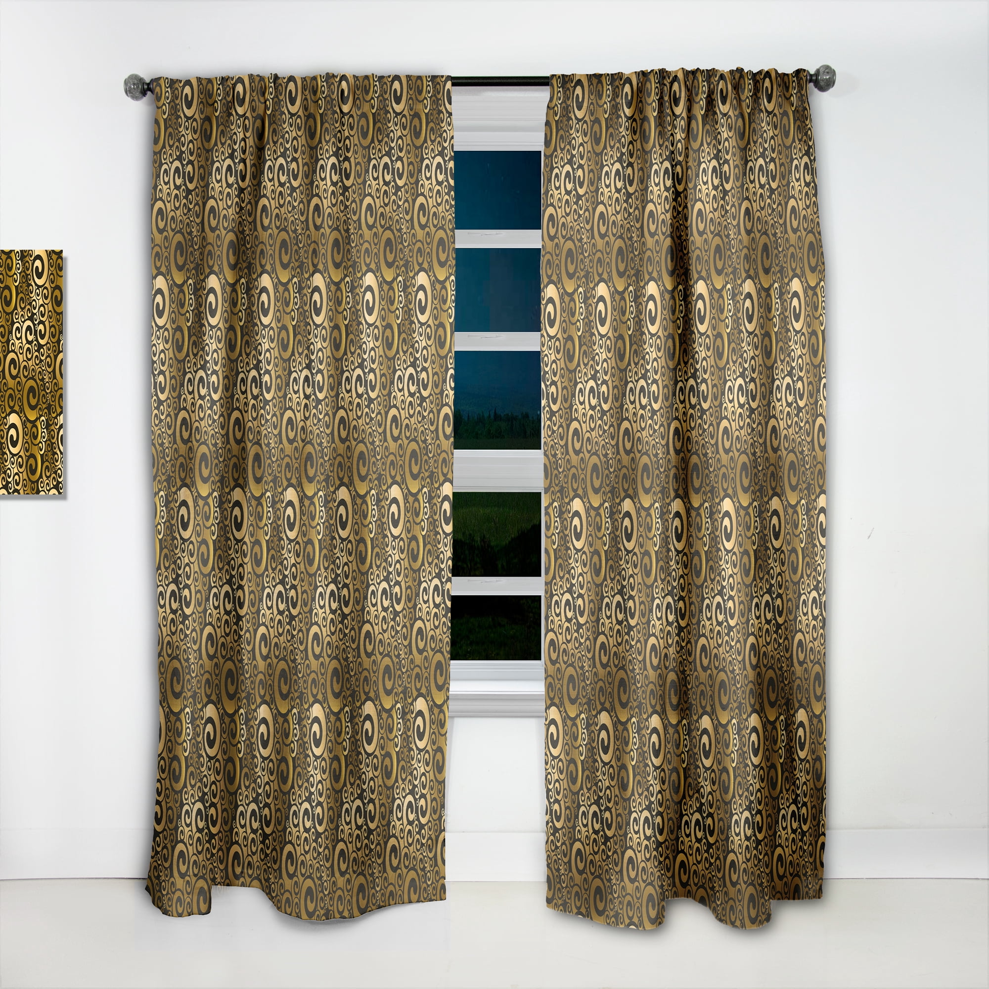 Designart 'Black and Gold Swirl I' Mid-Century Modern Curtain Panel