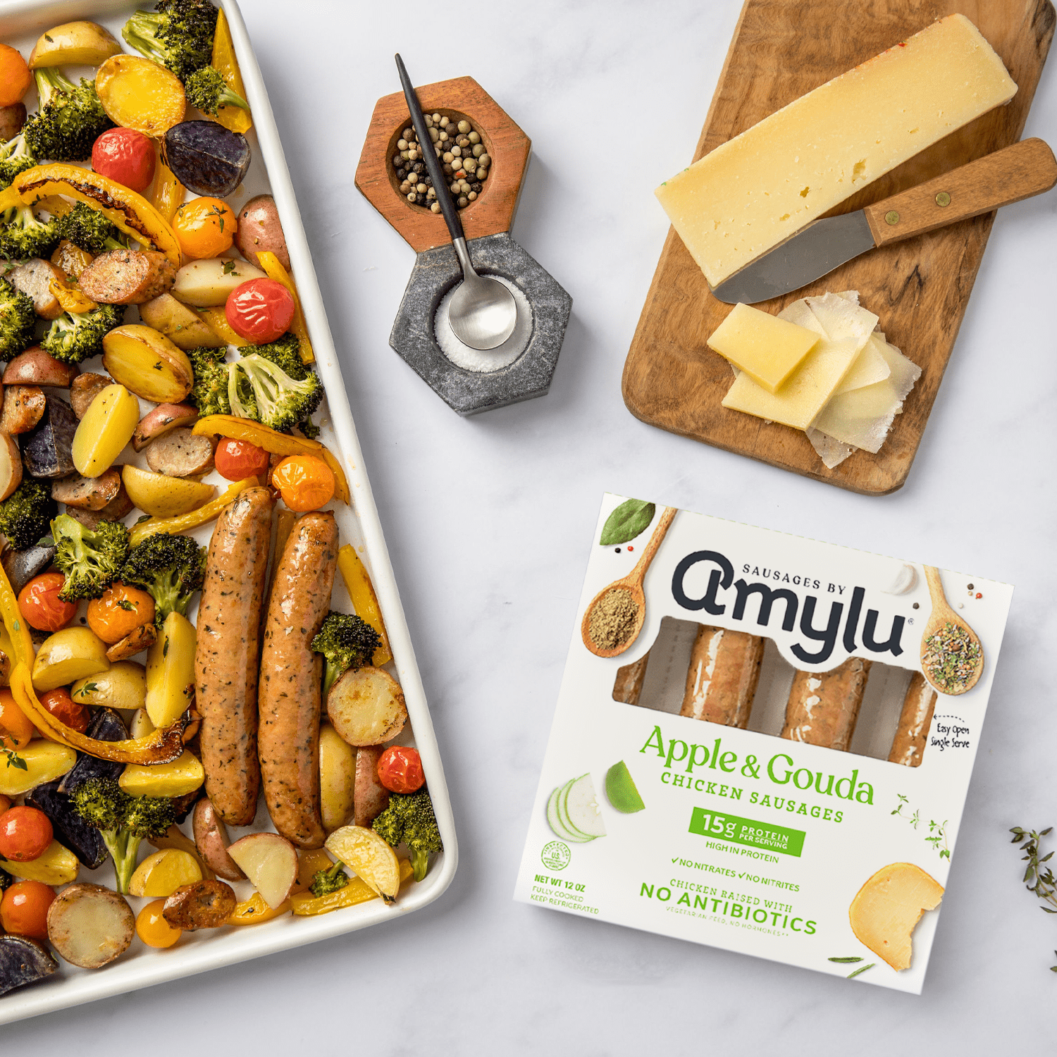 Amylu Foods Apple & Gouda Chicken Sausages, 12oz, 4 Count, Refrigerated