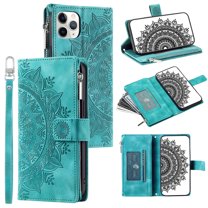 Dteck Zipper Wallet Case for iPhone 11 Pro Max,Magnetic Durable PU Leather Flower Embossed Case Zipper Card Holder Wallet Kickstand Cover with Detachable Shoulder Strap/Wrist Strap,Green