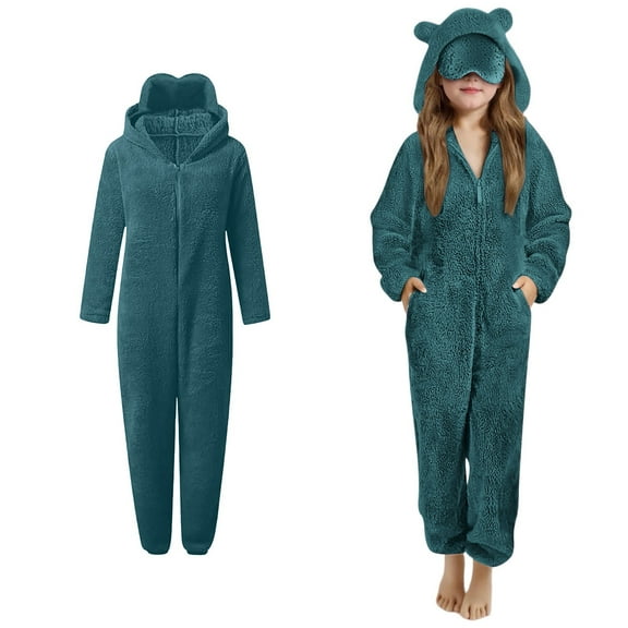 Girls Pajamas Cute Bear Ear Hooded Green Pajama Kids Warm Zipper Romper Sleepwear Girls Pajamas Size 5-6 Years