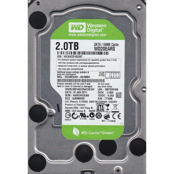 WD20EARS-00J99B0, DCM HARCHV2ABB, Western Digital 2TB SATA 3.5 Hard Drive