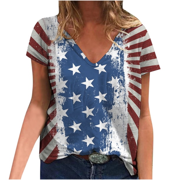 Camiseta informal de moda para mujer con cuello en V y manga corta con estampado de estrellas Fridja hjk4131