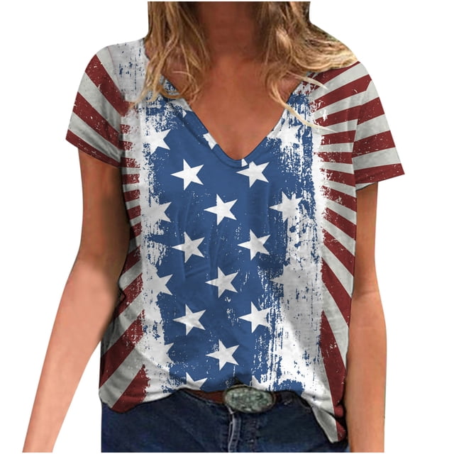 Pompotops T-shirt Décontracté pour Femme à Imprimé d'Étoiles, Col en V, Manches Courtes, Chandail à Enfiler, Hauts, Blouse