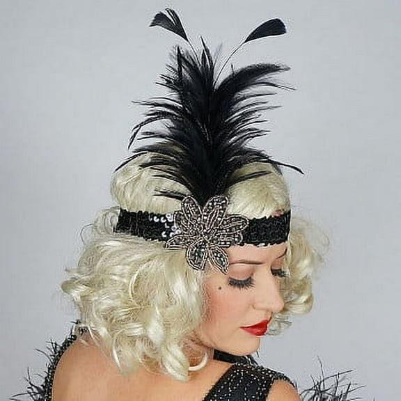 ZUCKER Art Deco Flapper Headband w/Hackle Feather Spray - Roaring 20's Great Gatsby Beaded Headpiece - Black and Gold