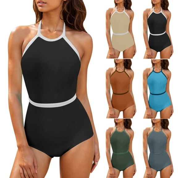 Bpmpbo Swim Suits for Women 2025 Women Contrast Color Round Neck Surfing Swimsuit Surf One-Piece Swimsuits