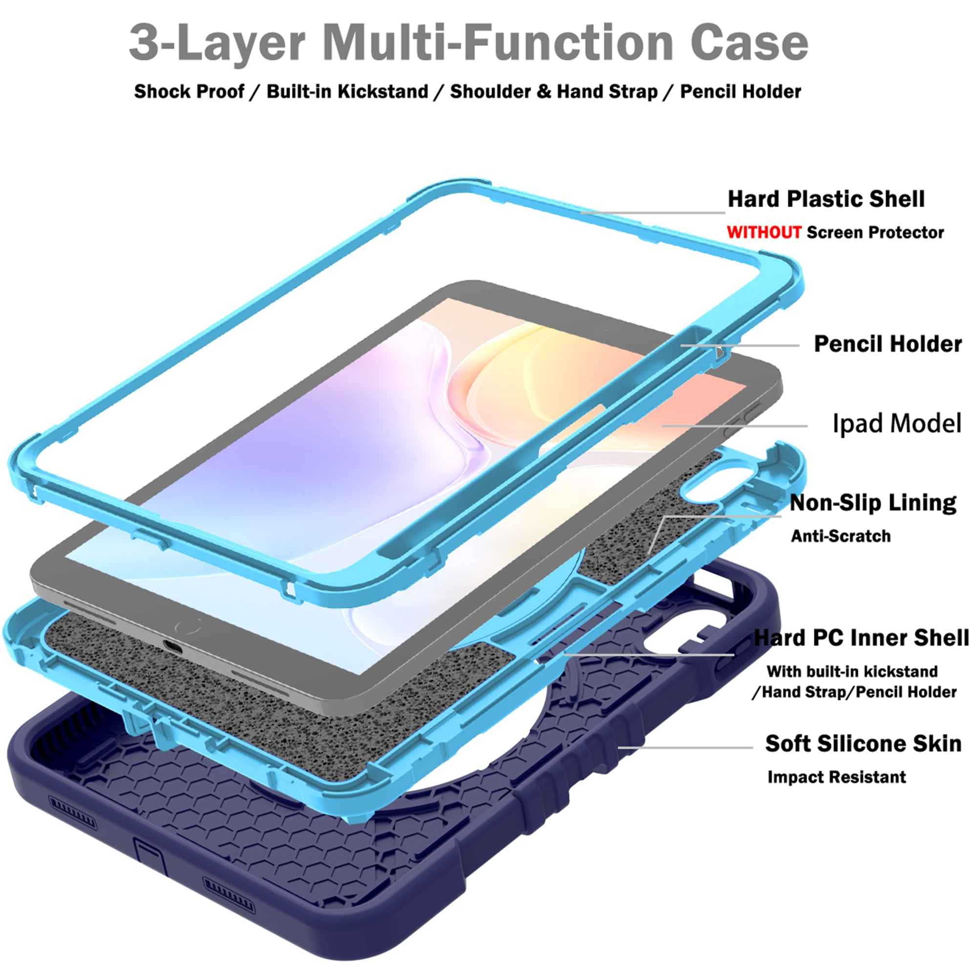 Dteck Kids Case for iPad 10th Generation Case 2022, Military Grade Shockproof Rugged Cover for iPad 10th Gen 10.9 Inch with 360° Swivel Stand - Handle - Shoulder Strap - Pencil Holder,Navy Blue
