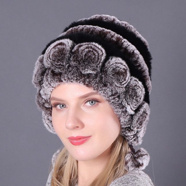 Mefallenssiah Winter Women'S Colorful Warm Caps Warm Flowers Striped Real Rabbit Velvet Hats Fashion Hat