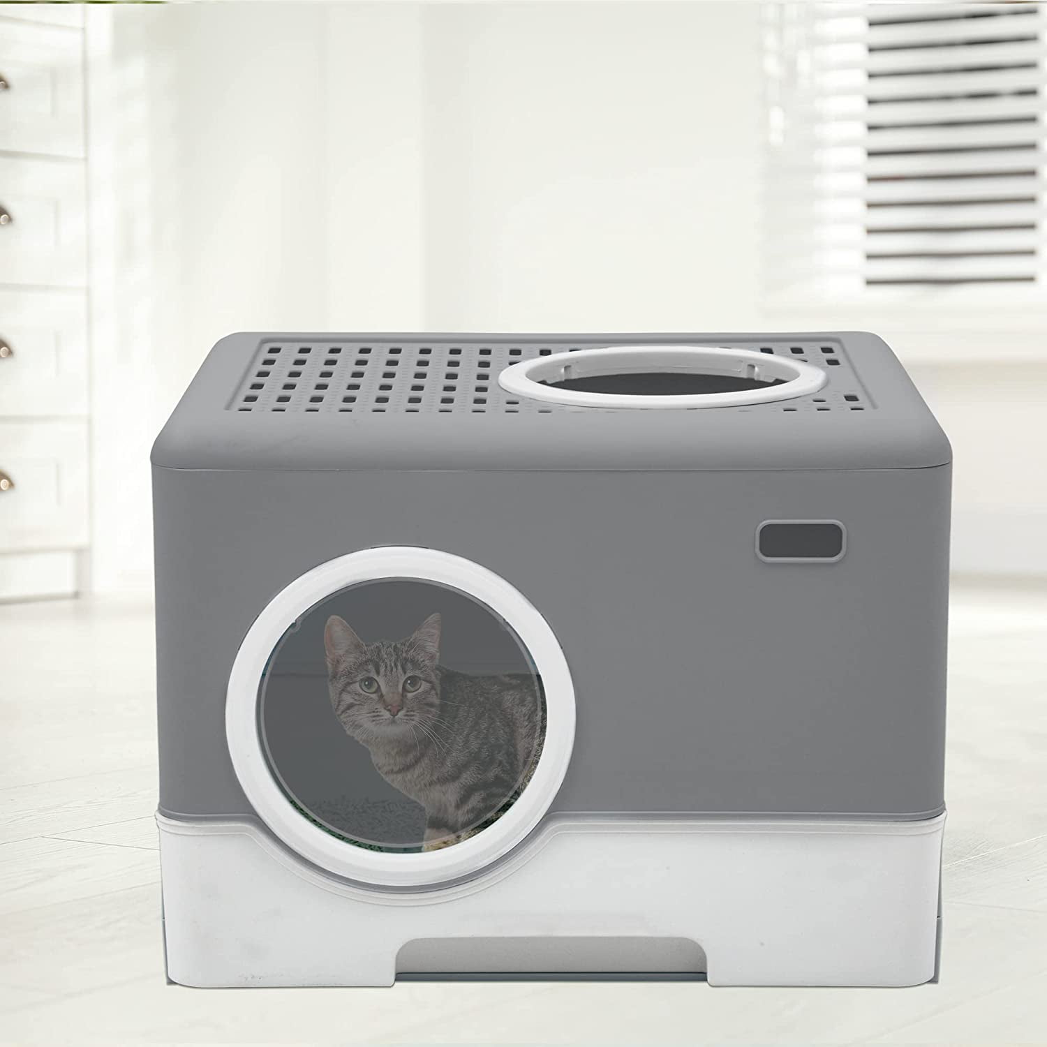 Dextrus Large Enclosed Cat Litter Box, Odorless Enclosed Design with Drawer, Lid Cover, Front Entry & Top Exit Door for Easy Cleaning - Gray
