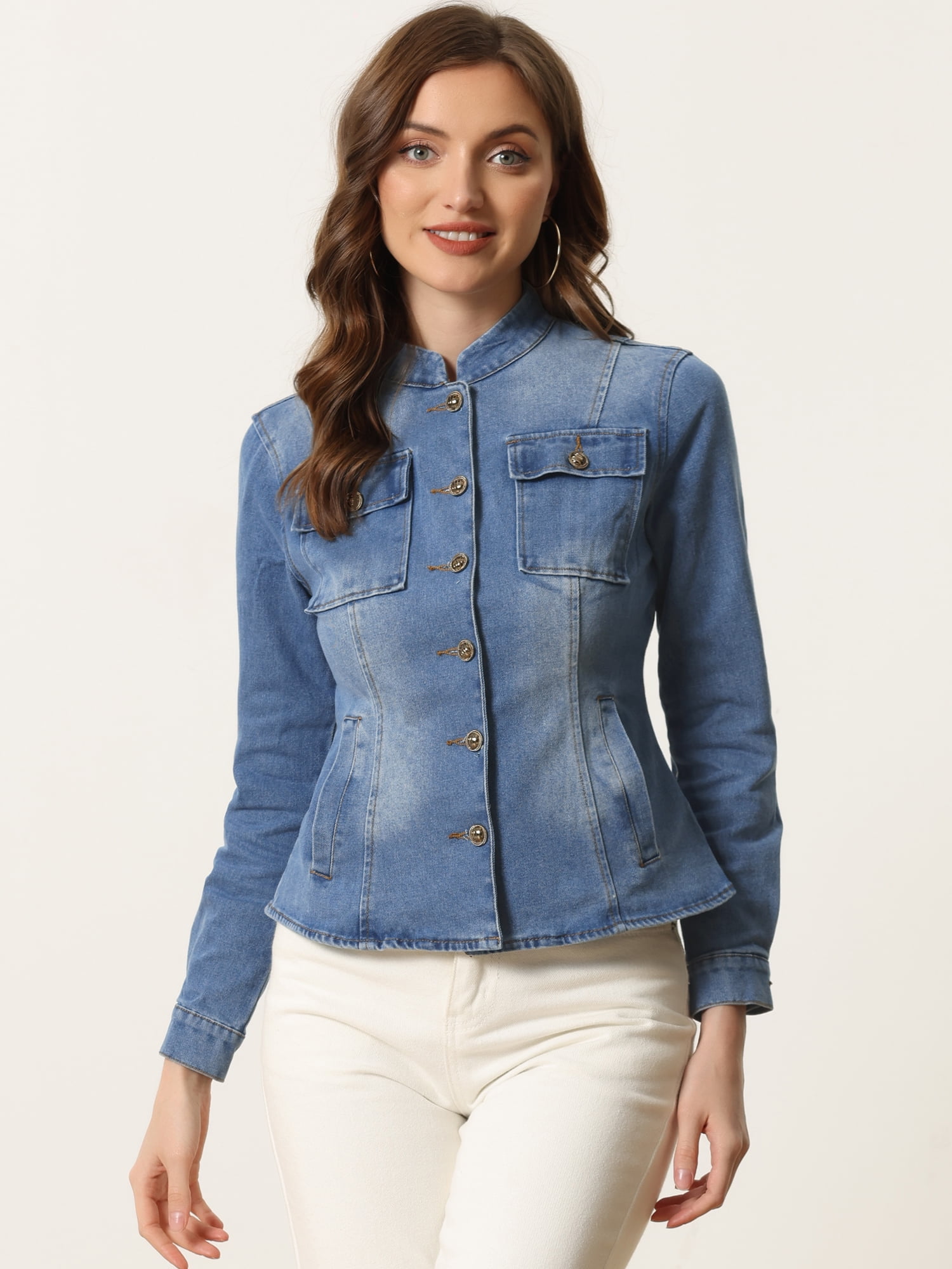 DARING DIVA Women's Classic Stand Collar Denim Jacket S Blue