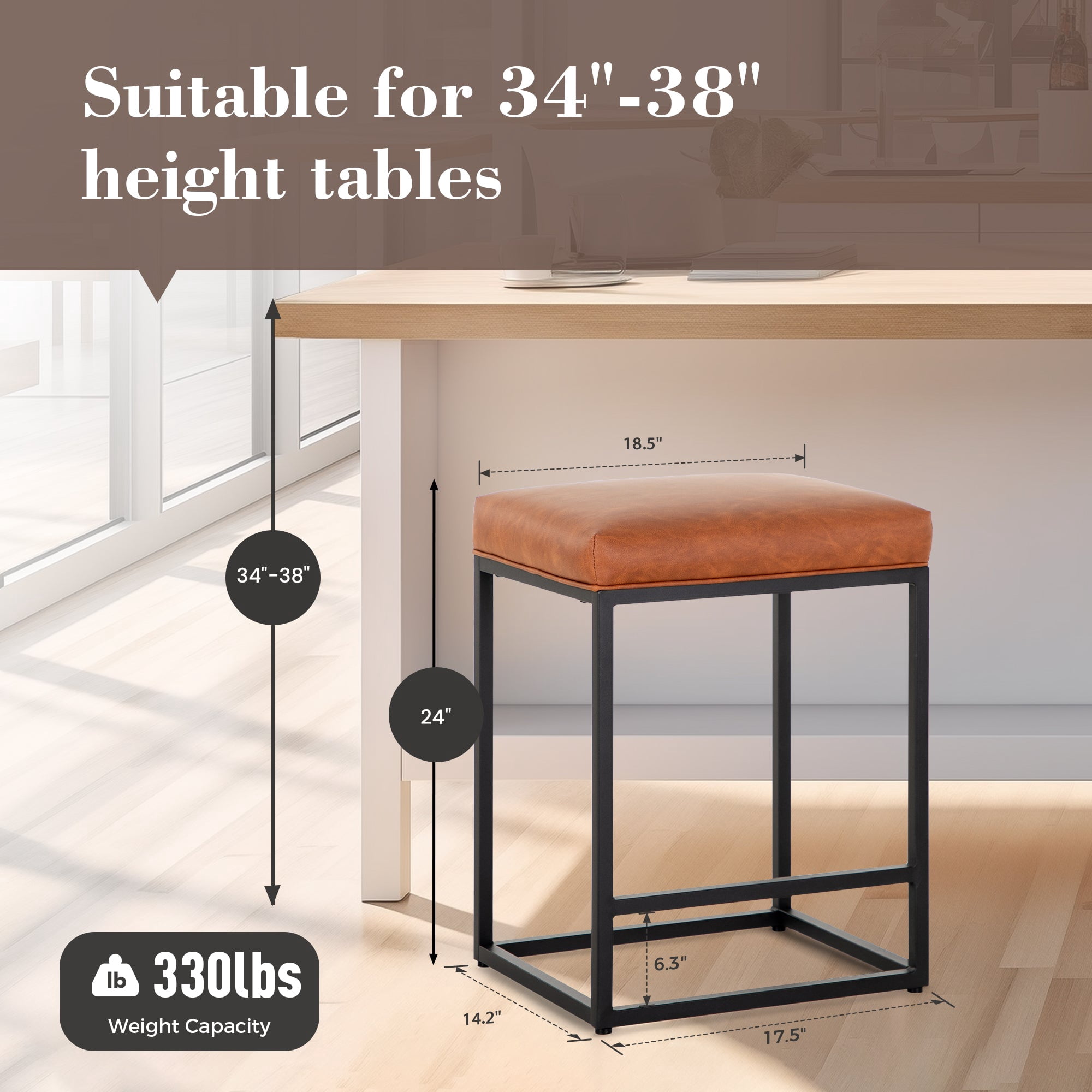 SUMMIT LIVING 24" Counter Height Bar Stool Set of 3, Upholstered Faux Leather Backless Counter Stool for Kitchen Island, Brown