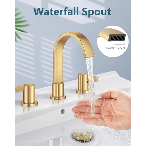 Brushed Gold 8 Inch Widespread Waterfall Bathroom Sink Faucet with 3 Holes and 2 Handles