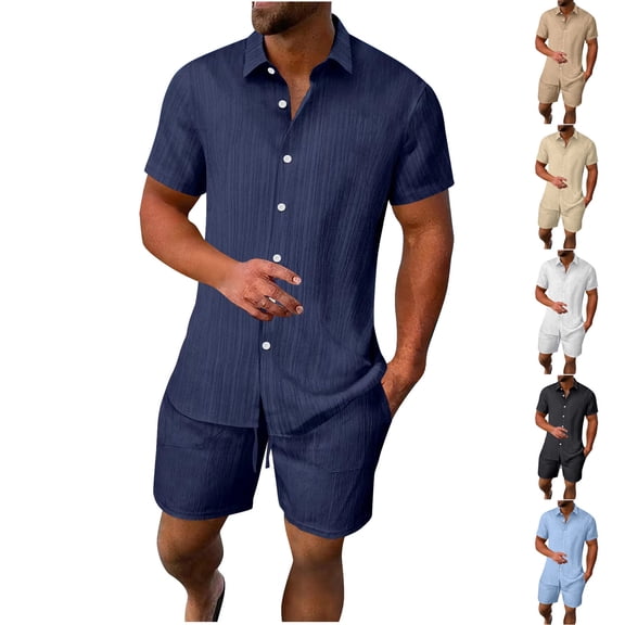 Hrsba Men Outfits 2 Piece Set, Solid Color Lapel Short Sleeve and Drawstring Elastic Waist Summer Fashion Daily Set