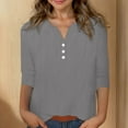 thumbnail image 4 of lcziwo Summer Cotton Linen Shirts for Grils 2025 Casual 3/4 Sleeve Tunic Shirt Solid Color Button V Neck Going Out Tops Gray Ofertas Del Dia de Hoy Relampago, 4 of 6