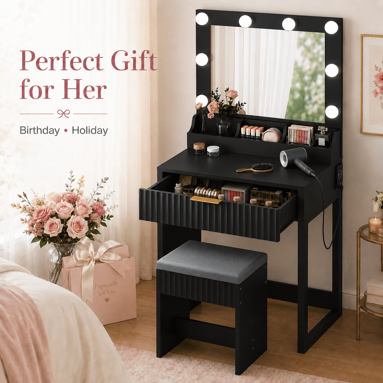 Ktaxon Flutted Makeup Vanity Table w/Stool, Dressing Desk with Charging Station, For Femal Gift, Black