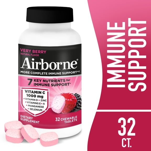 Airborne 1000mg Vitamin C Immune Support Chewable Tablets, Multivitamin Supplement, Very Berry Flavor, 32 ct