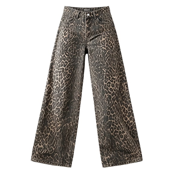 Krdevn Girls Wide Leg Jeans, Leopard Print Stretch Denim Pants with Pockets Button Closure Casual Street Wear Size:12-13 Years,Coffee