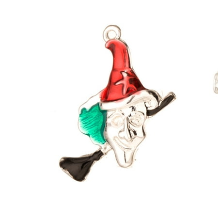 Enameled Witchs - Enamel Drop, Red And Green Witch On Broom Silver Plated 21x4.3mm