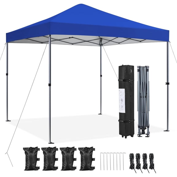 8x8 Pop Up Canopy Easy Set-up Tent, Portable Outdoor Canopy Instant Tent, Commercial Gazebo with Wheeled Carry Bag & 4 Sandbags for Home, Party & Outdoor Activities, Blue