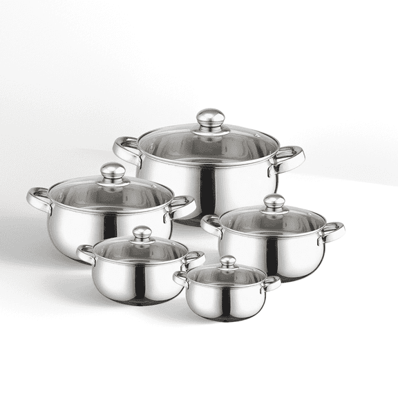 Bestdin 10 Pieces Pot Set, Sauce Pot Stainless Steel Stockpot with Glass Lid,Non Stick Cookware Set Saucepan with Stay-Cool Handle, Dishwasher Safe,Silver