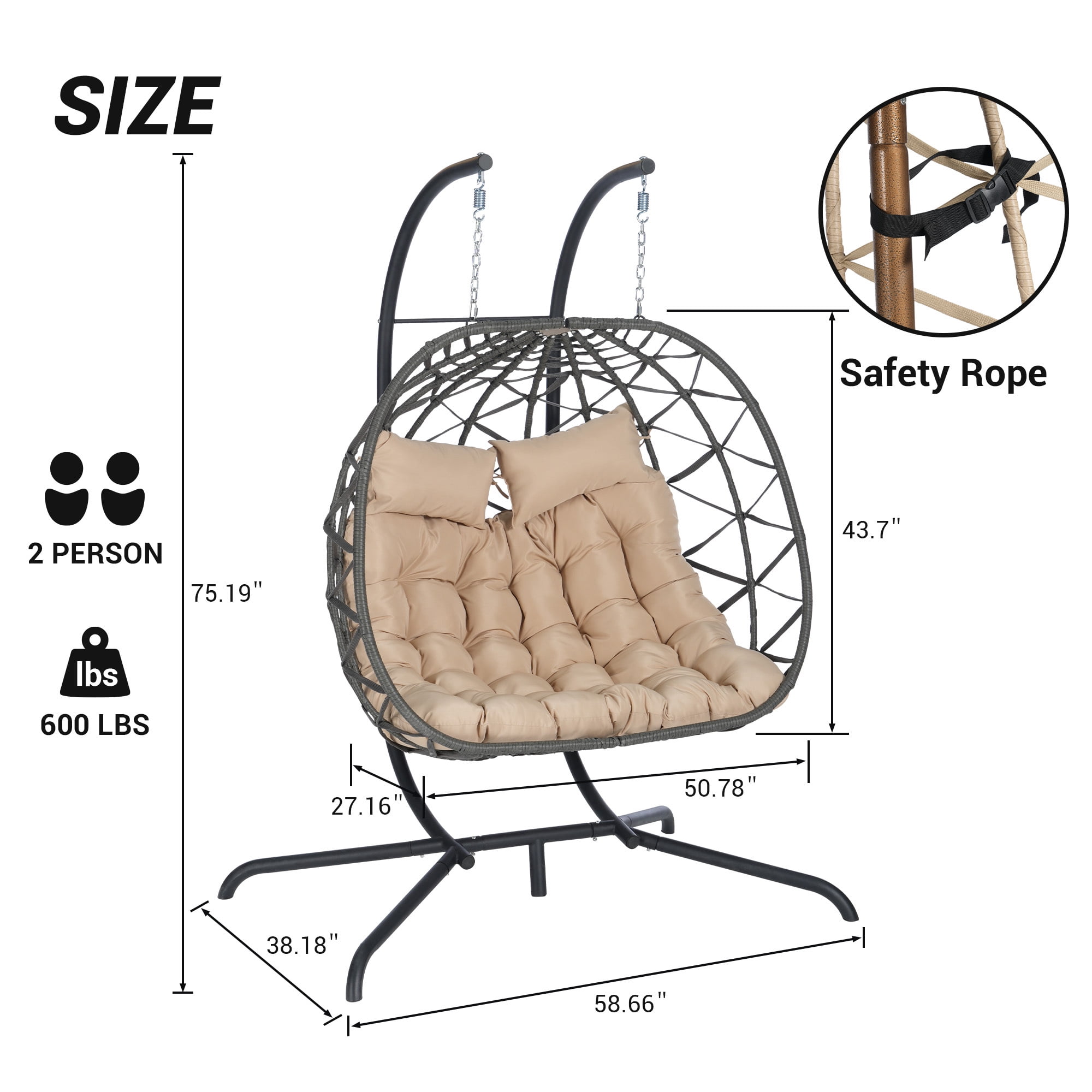 Leumius Double Egg Chair with Stand,Indoor Outdoor Wicker Swing Egg Hanging Chair with UV Resistant Cushions for Patio,Balcony,Porch,600 lbs,Khaki
