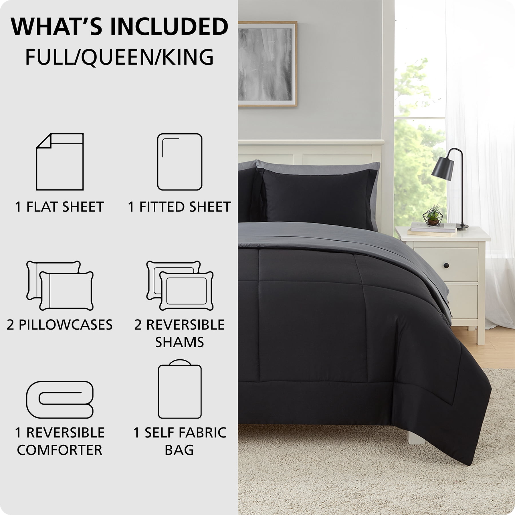 Mainstays All in One Reversible Comforter and Sheet set- 7 Piece, Full, Black