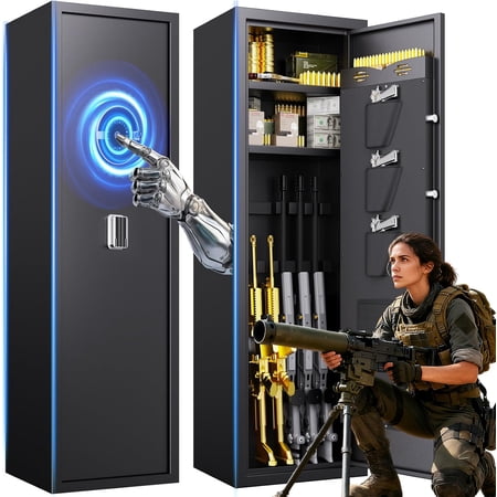 8-10 Gun Safe for Rifles And Pistols Gun Locker Fingerprint Gun Safe Biometric No Assembly Removable Shelf for Rifles Safes Gun Cabinet Long With Adjustable Shelf Led Light 12 D X 14 W X 57 H