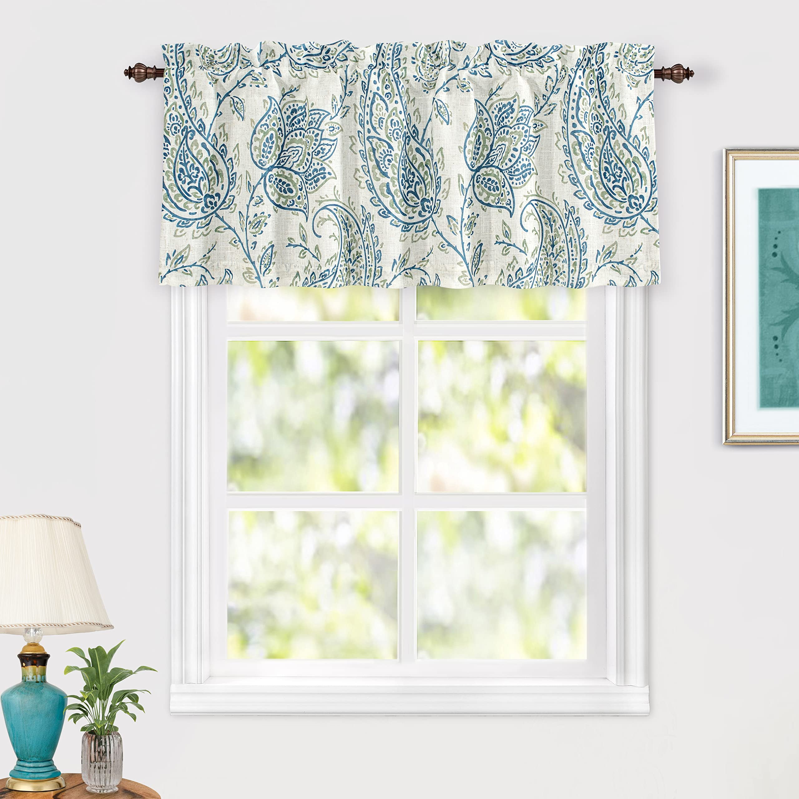 DriftAway Jacob Linen Blend Blackout Valance for Kitchen 18 Inch Length Scroll Floral Paisley Printed Lined Rod Pocket Room Darkening Window Curtain Valance for Living Room 52x18 Blue Green 2 Pack