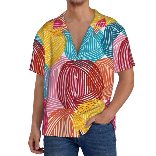 Balery Colorful Wool Balls Camisa Casual de Manga Corta con Botones para Hombre, Texturizada, Estilo Cubano, para Playa, Verano-X-Large