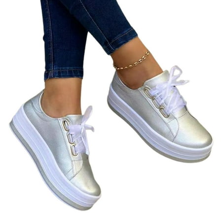 

Women\ s PU Shoes Lace Up Round Toe Platform Walking Shoes Anti Slip Fashionable