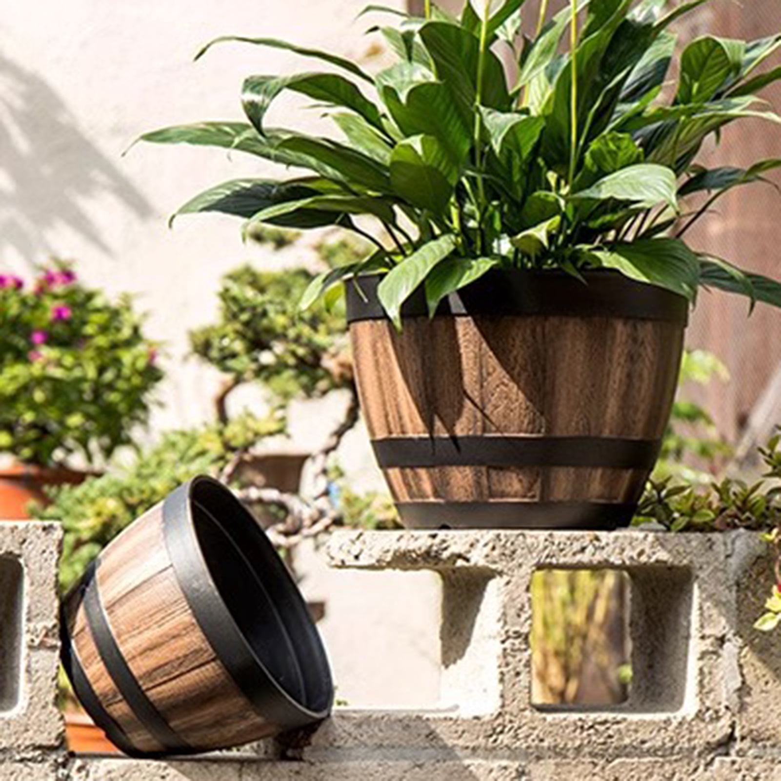OIUR Large Flower Pot Whiskey Barrel Design Plant Pot with Drainage Holes Saucer Lotus Planter Rustic Garden Pots for Herbs Outdoor Planting