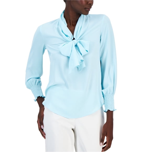 Anne Klein Womens Chiffon Smocked-Cuff Bow Dolman Blouse, ltpasblue, L