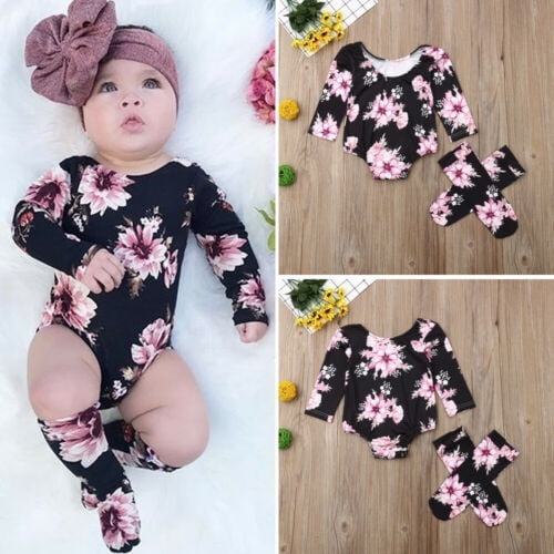 Toddler Baby Girl Flower Print Romper Jumpsuit+Leg Warmer Outfit 2Pc Set Clothes 