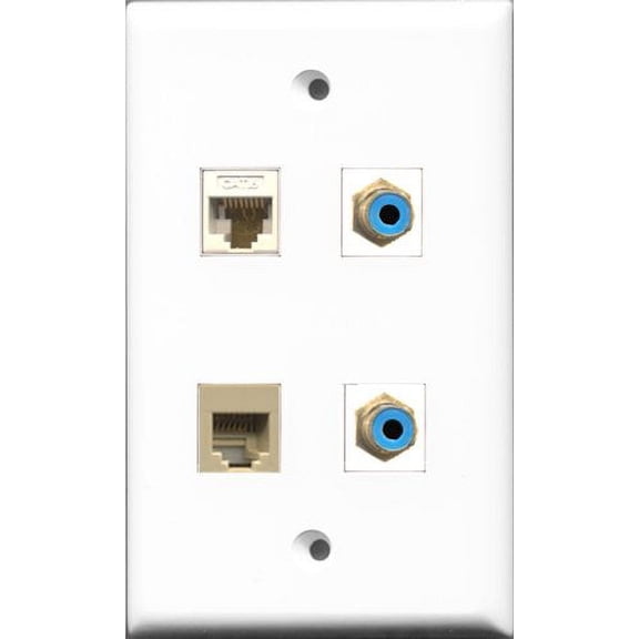 RiteAV - 2 Port RCA Blue and 1 Port Phone RJ11 RJ12 Beige and 1 Port Cat6 Ethernet White Wall Plate
