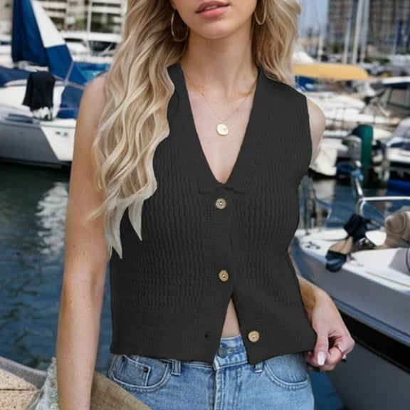 Munlar Dressy Tank Tops for Women Black Vest Cutout Knitted Cardigan Solid Sleeveless V-Neck Slim Vest L