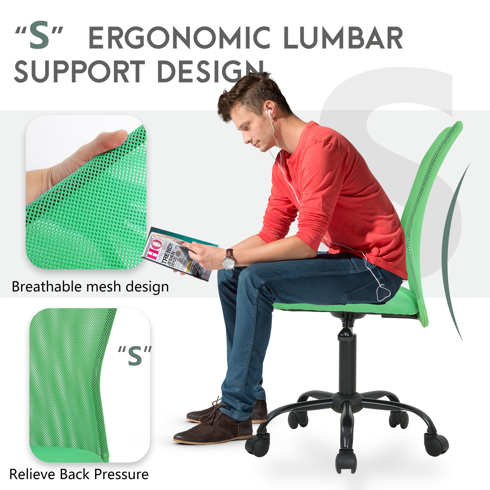 PayLessHere Home Office Chair - Ergonomic Mesh Desk Chair w/Lumbar Support, Green
