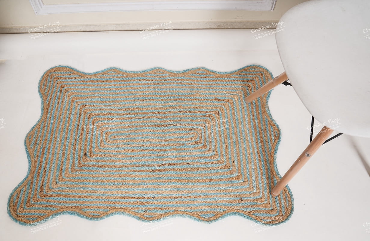 Rectangle Rug Natural Jute Rug Hand Braided Beige and Turquoise Border Color Area Rug