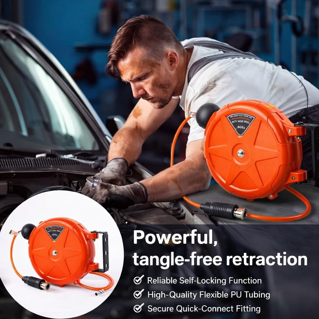 8mm Automatic Retractable Hose Reel for Car Wash, Garden Irrigation, Wall Mount High Pressure Water Pipe Holder, 10m Length