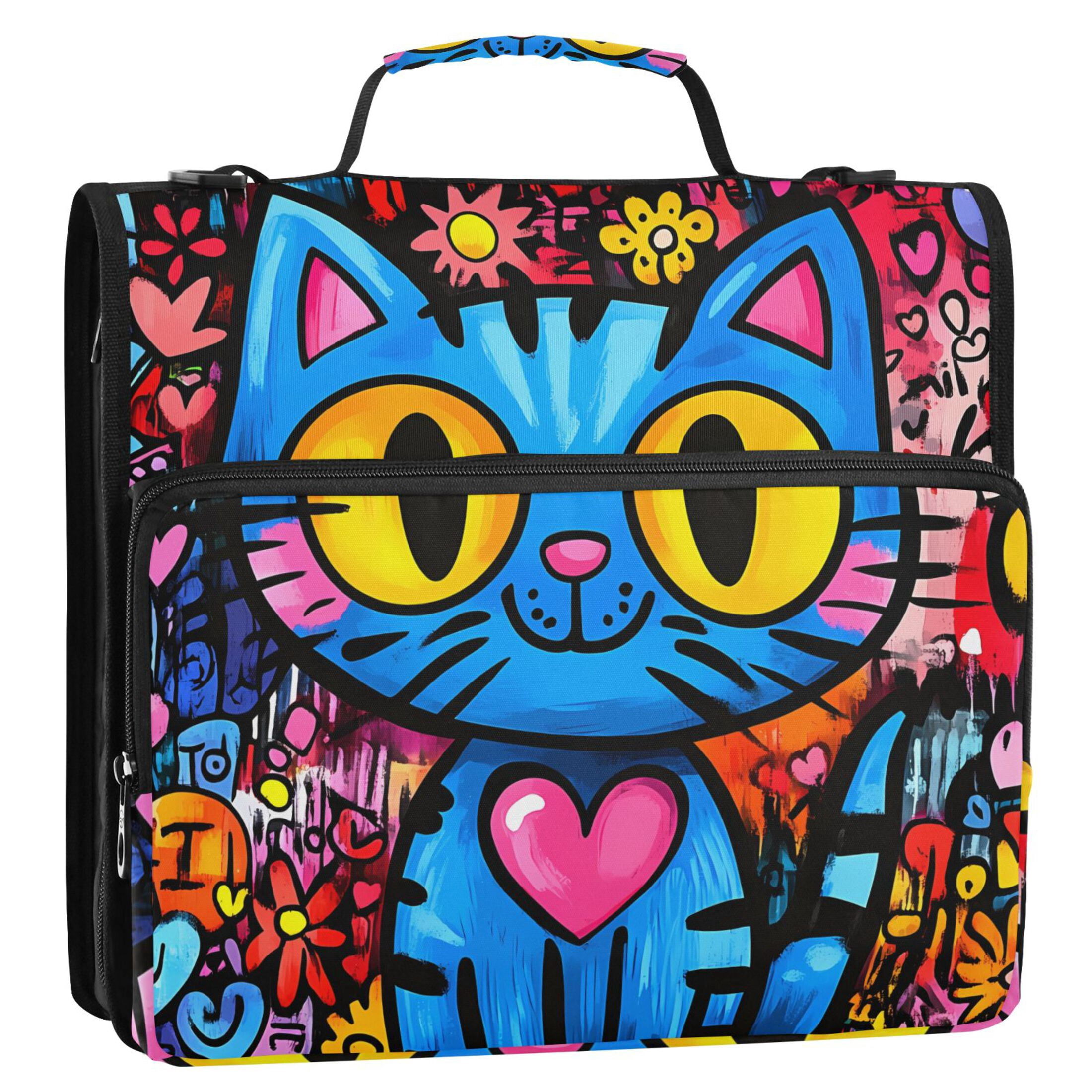 3 Ring Zipper Binder with Shoulder Strap Waterproof Trapper Keeper 2 Inch D-Ring 500 Sheets Capacity Cartoon Graffiti Cat