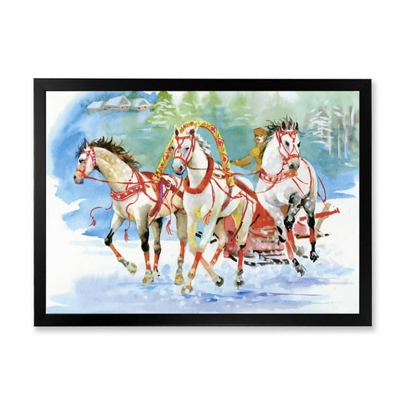 Designart 'Carriage In The Snow With Galoping Horses' Farmhouse Framed Art Print