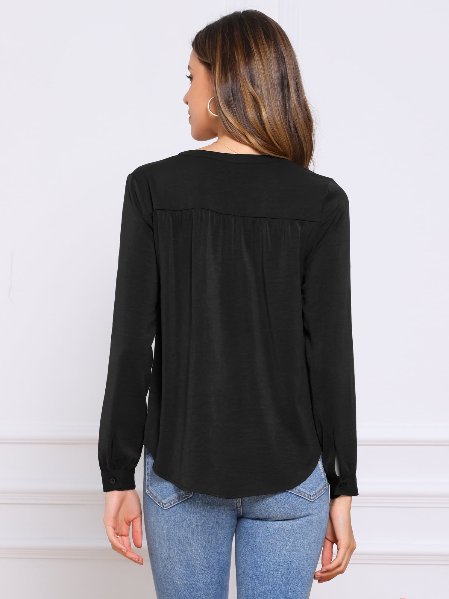 DARING DIVA Women's Long Sleeve Formal Button Front V Neck Work Top M Black