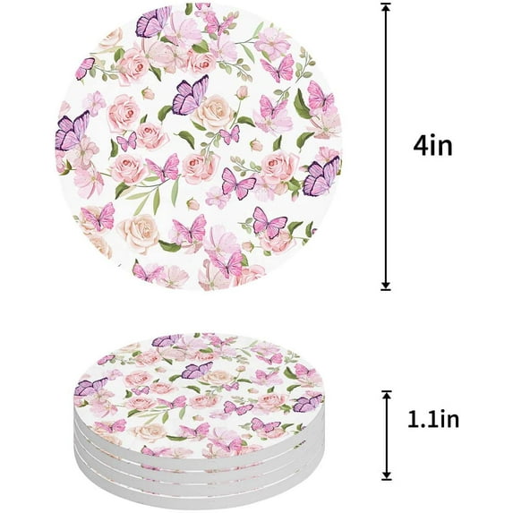 FMSHPON Pink Butterfly and Rose White Set of 6 Round Coaster for Drinks, Absorbent Ceramic Stone Coasters Cup Mat with Cork Base for Home Kitchen Room Coffee Table Bar Decor