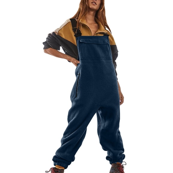 Women's Overalls Winter Warm Sherpa Lined Jumpsuit Cozy Loose Fit Fleece Overalls with Adjustable Straps Pockets Soft Fuzzy Navy 2XL