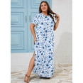 thumbnail image 6 of SHOWMALL Women's Plus Size Short Sleeve Maxi Dress, Blue Chinoiserie Floral 3X Side Slit Rounded Hem Long T-Shirt Dress with Pockets for Vacation & Casual Wear, 6 of 7