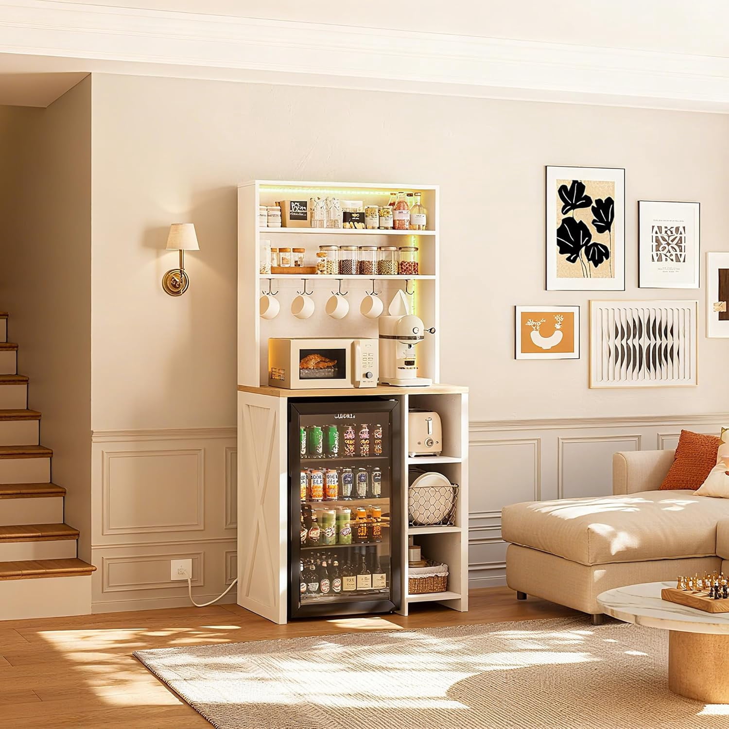 Bakers Rack with Mini Fridge Space, 69.3" Tall Microwave Stand with Power Outlets & LED Lights, 7-Tier Coffee Bar Station with 5 Hooks for for Dining Room, Living Room, White