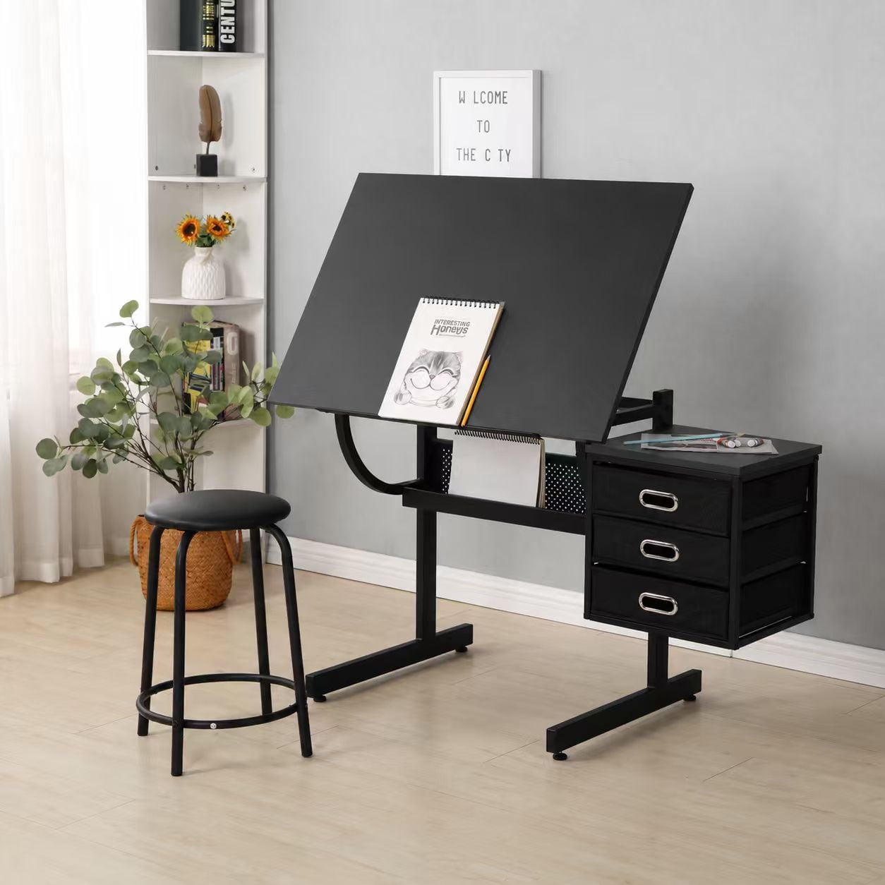Alden Design 50'' Adjustable Steel Drafting Table with Stool
